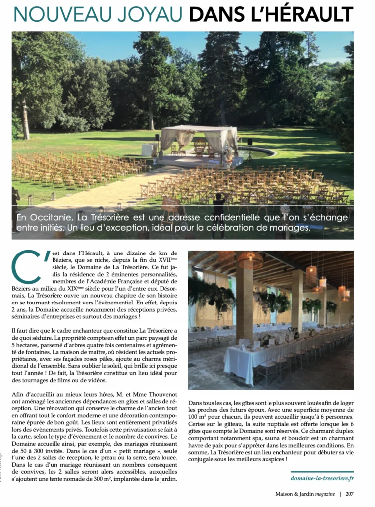 Article magazine Maison & Jardin sur le Domaine La Trésorière, lieu de mariage Hérault Occitanie