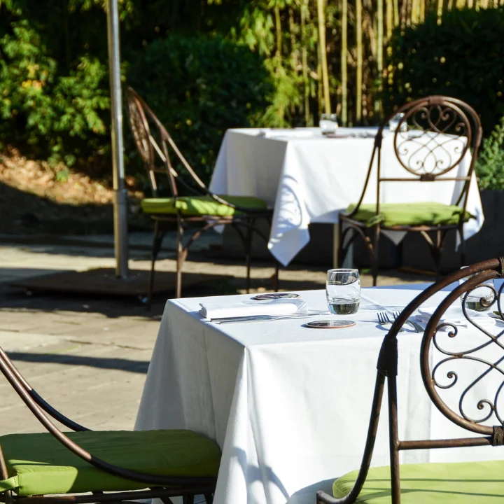 Terrasse extérieure du restaurant Le Grand Arbre Château de Bionne dans l'Hérault avec tables dressées et jardin verdoyant