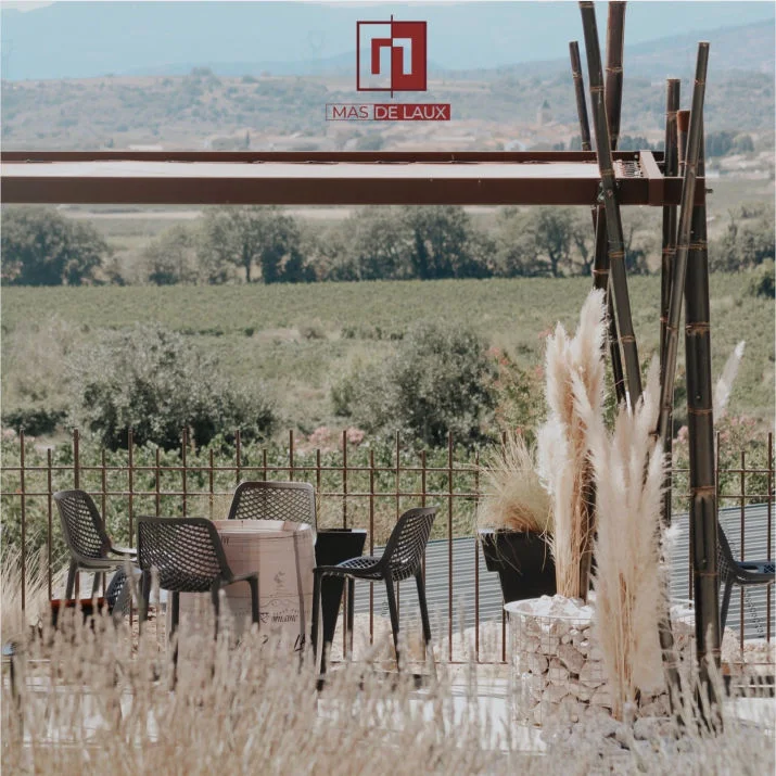 Terrasse du Mas de Laux avec vue panoramique sur les vignes en Hérault, espace cocktail mariage