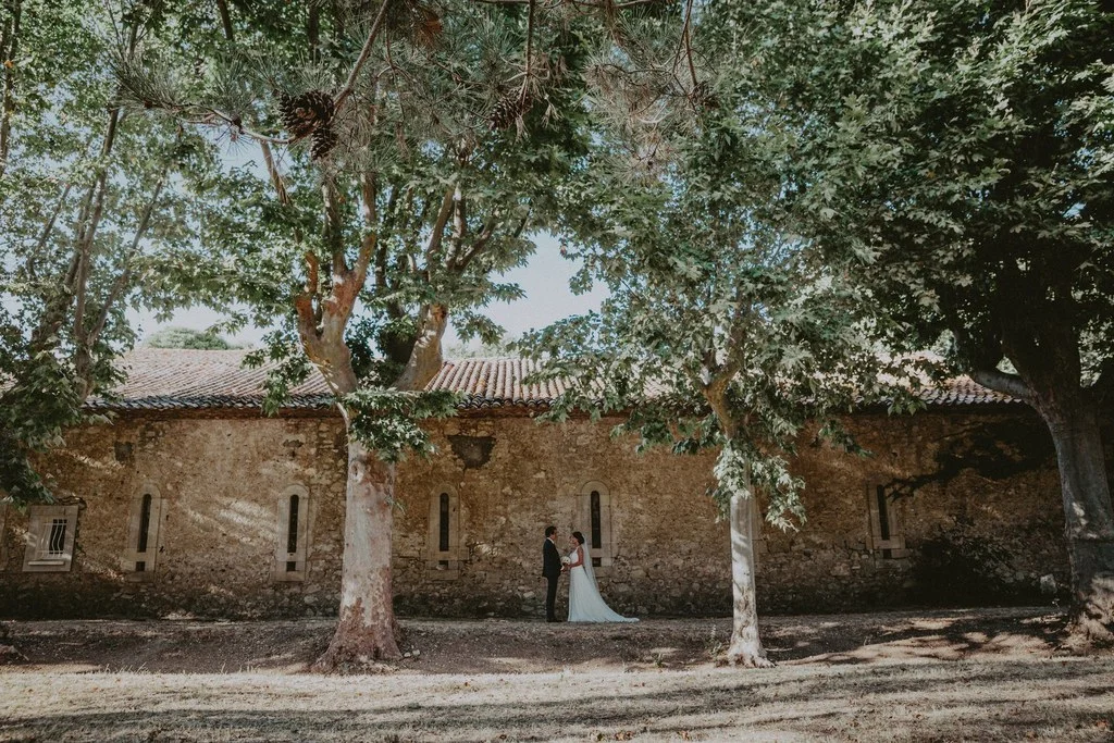 Mariés sous les platanes devant le mas en pierre des Charmes de Bailly dans l'Hérault lors d'un mariage