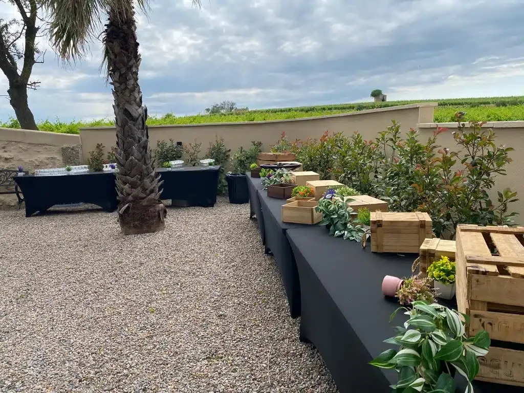 Espace cocktail extérieur Les Granges Saint-Paul avec tables et décoration champêtre, mariage Hérault