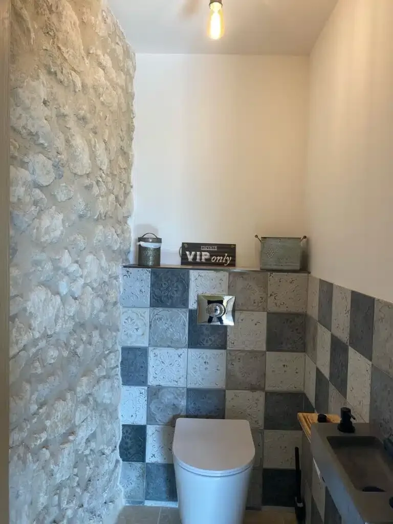 WC séparé avec carrelage damier bleu et mur en pierre - Les Granges Saint Paul Hérault