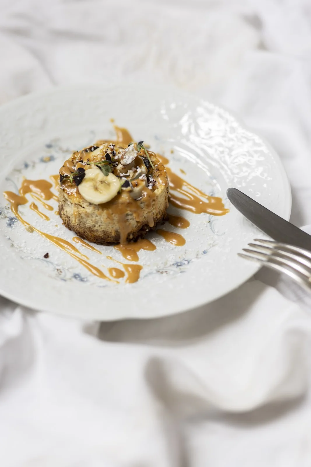 Dessert cheesecake caramel banane Maison Jullian restaurant Hérault - cuisine créative pour mariage