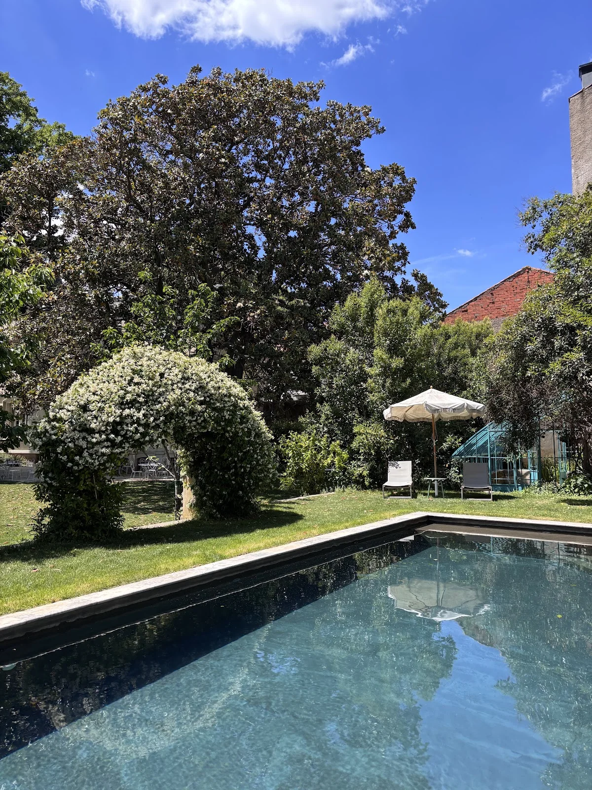 Piscine miroir noire Maison Jullian Hérault avec jardin arboré et transats - lieu de réception mariage