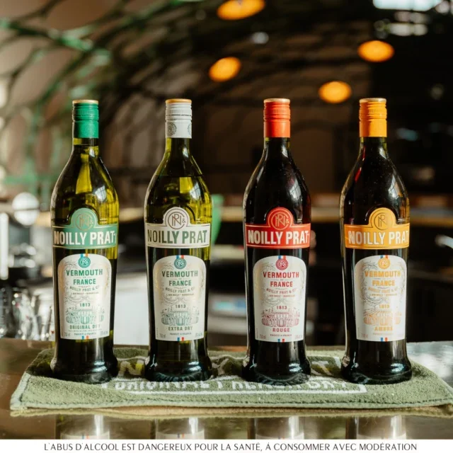 La gamme complète des 4 vermouths Noilly Prat : Original Dry, Extra Dry, Rouge et Ambré, Maison Noilly Prat Marseillan Hérault