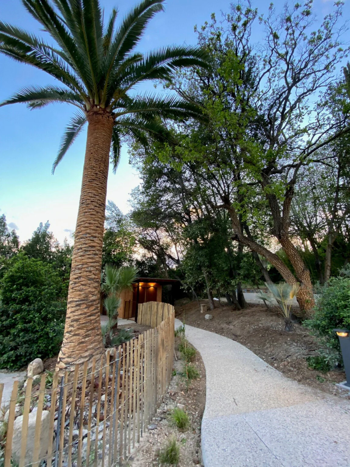 Allée du Mas Aubrilha au crépuscule avec palmier et éclairages chauds, ambiance soirée mariage Hérault