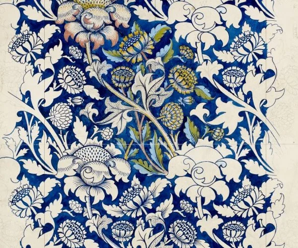 Motif floral Art Nouveau bleu et blanc style William Morris, décoration textile Mas de Baumes mariage Hérault