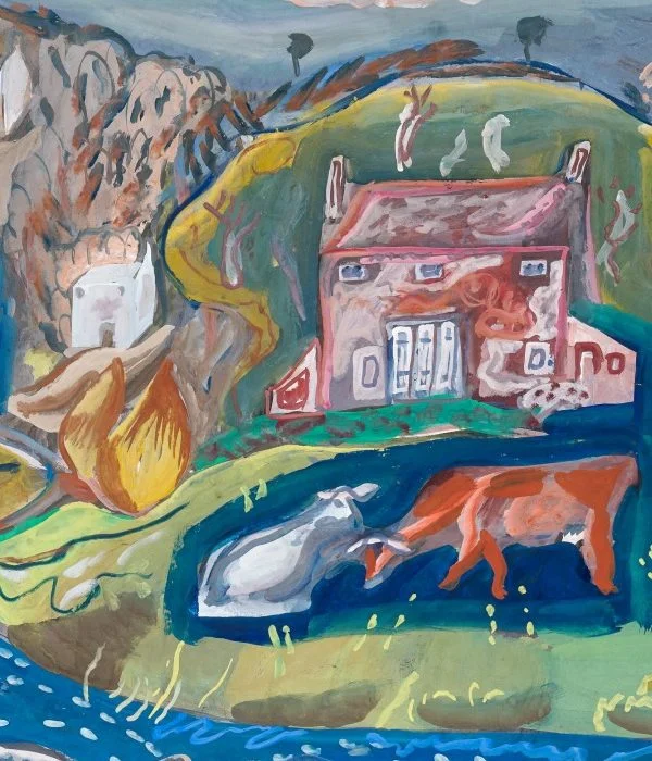 Peinture naïve paysage rural avec vaches et ferme, décoration artistique Mas de Baumes domaine mariage Hérault
