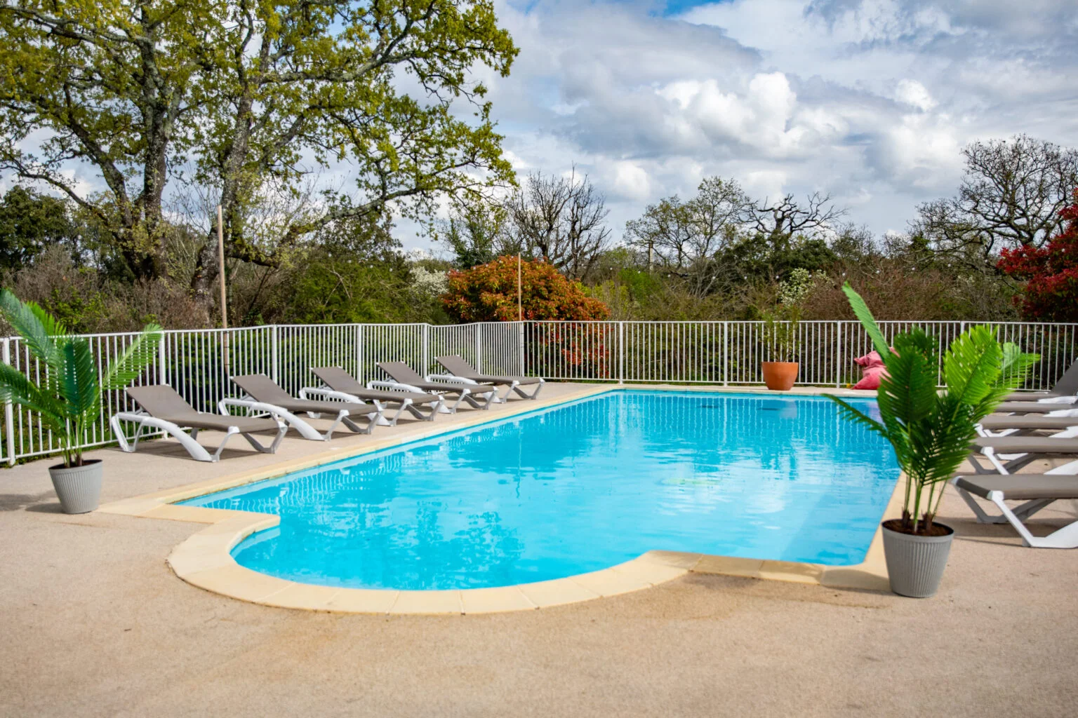 Vue frontale de la piscine du Mas de Baumes avec eau turquoise et transats pour mariage en Hérault