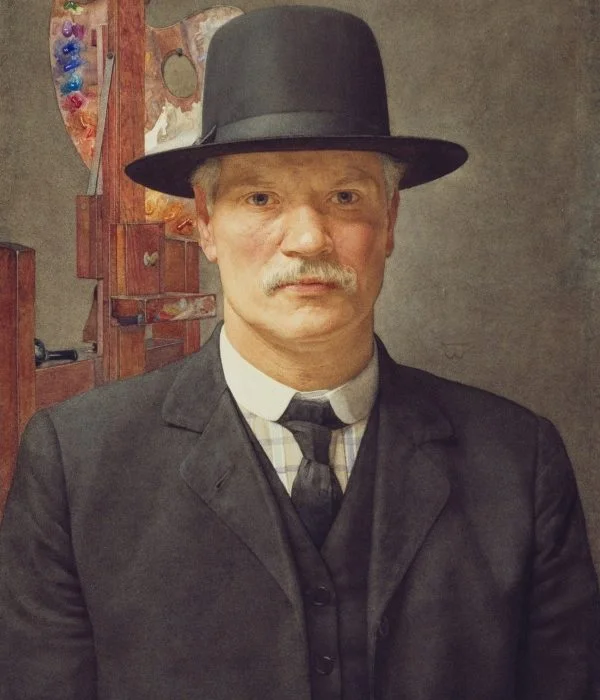 Portrait peint d'un artiste peintre devant son chevalet, décoration artistique Mas de Baumes domaine mariage Hérault