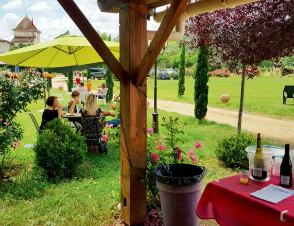 Espace cocktail et dégustation de vins sous pergola au Mas de Pradines - Mariage en Hérault