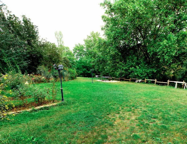 Jardin verdoyant avec pelouse et allée de lampadaires au Mas de Pradines - Domaine mariage Hérault