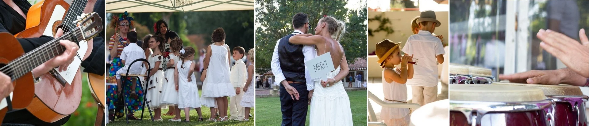 Cérémonie mariage et musique au Mas La Mourade Hérault couple mariés et musiciens dans le jardin