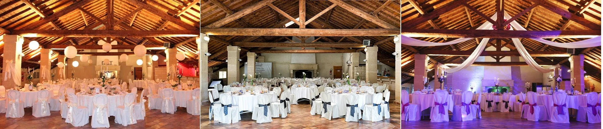 Salle de réception grange Mas La Mourade mariage Hérault charpente bois tables rondes décorées