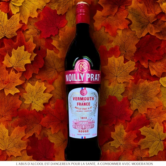 Bouteille Noilly Prat Rouge Vermouth France sur fond de feuilles d'automne – Maison Marseillan, Hérault