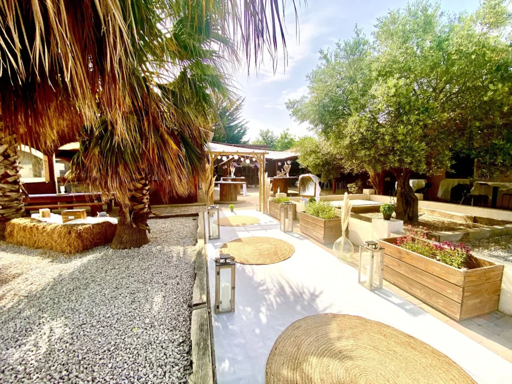 Espace lounge extérieur sous les palmiers au Mas Valero à Lattes