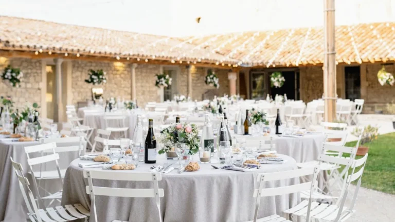 Vue d’ensemble de tables rondes dressées avec nappes grises et centres floraux en extérieur — Les Dînettes à Roulettes, traiteur de mariage à Aimargues