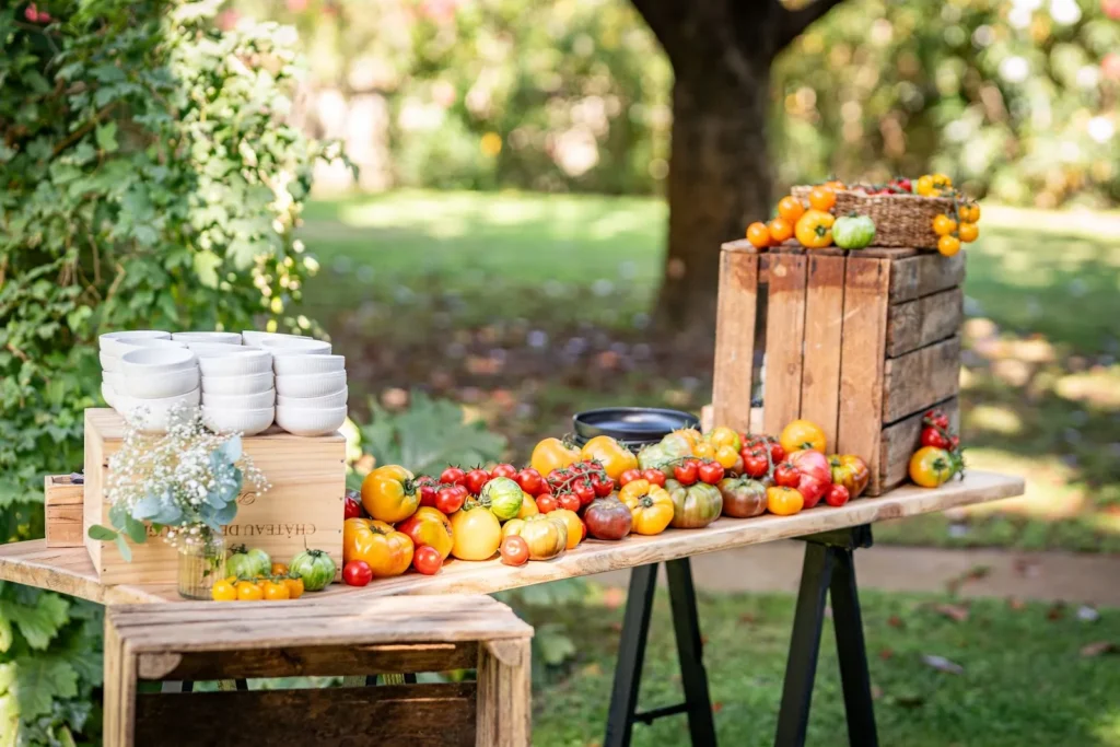 Table de buffet en bois en extérieur avec variété de tomates anciennes colorées — La Petite Cuisine, Manduel