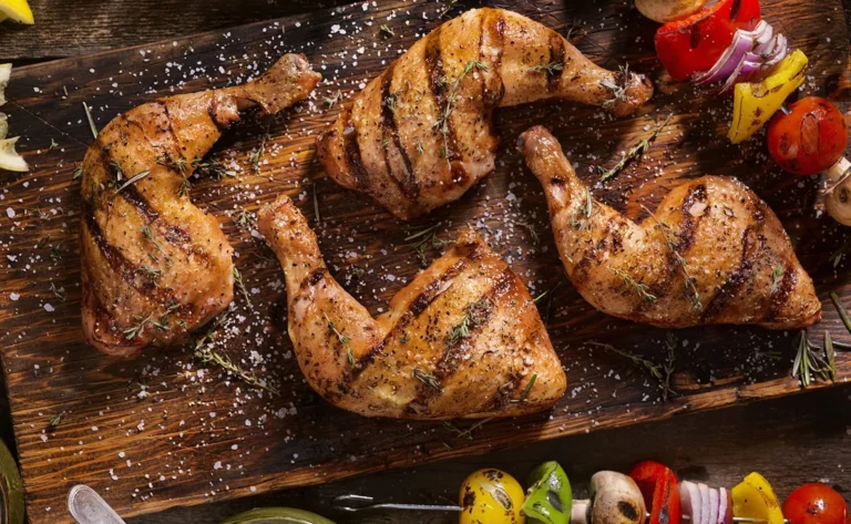 Cuisses de poulet grillées aux herbes et sel, accompagnées de brochettes de légumes colorées — L’Escale Exotique, traiteur de mariage à Mauguio