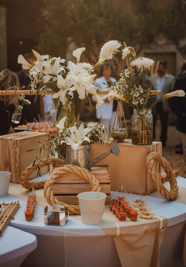 Table de cocktail de mariage décorée rustique chic avec fleurs blanches et verrines en extérieur — Traiteur Niguès, Peyriac-de-Mer