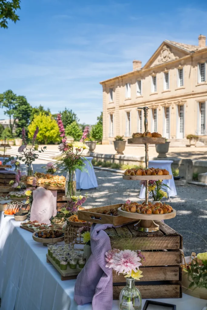 Buffet traiteur avec assortiment de pièces cocktails et verrines devant un château ensoleillé — Grazing Montpellier, Saint-Georges-d’Orques